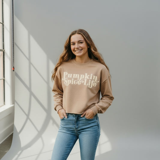 Brown sweatshirt with 'Pumpkin Spice Life' text on a white background-Yellow Brick Road