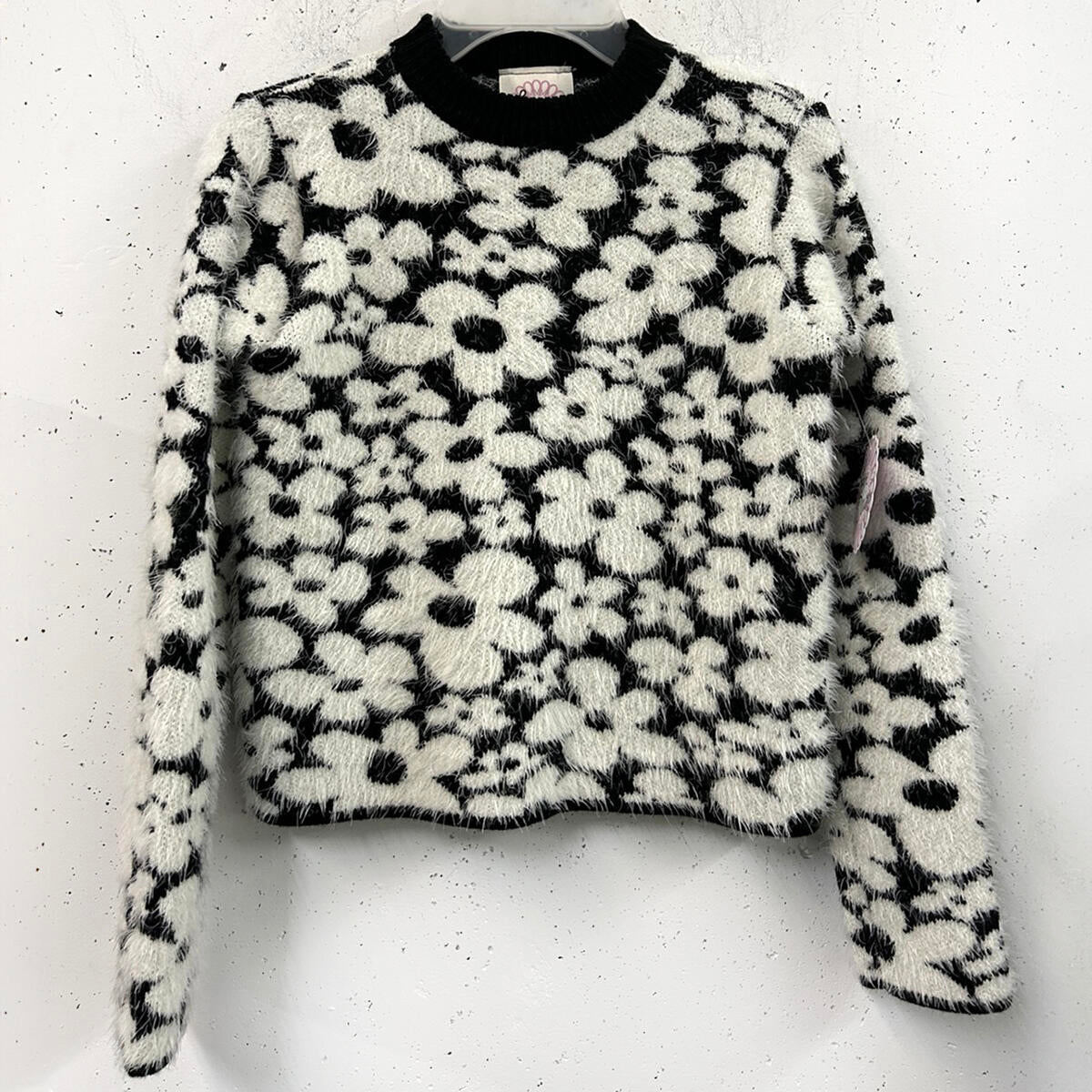 Girls Black & White Eyelash Floral Sweater