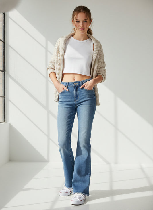 A pair of girls' high-rise bootcut jeans with 5-pocket detailing, mid-indigo wash with subtle fading and whiskering, brushed silver shank, brushed gold rivets, khaki stitching, raw hem, and ecru back patch.