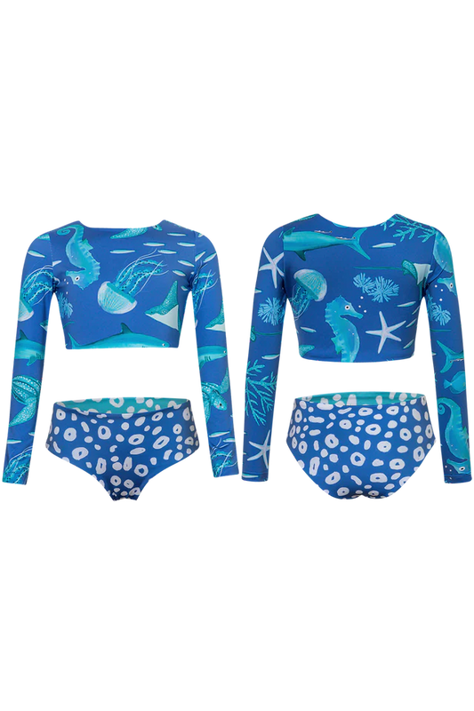 Girls Blue Sea Life Long Sleeve Bikini