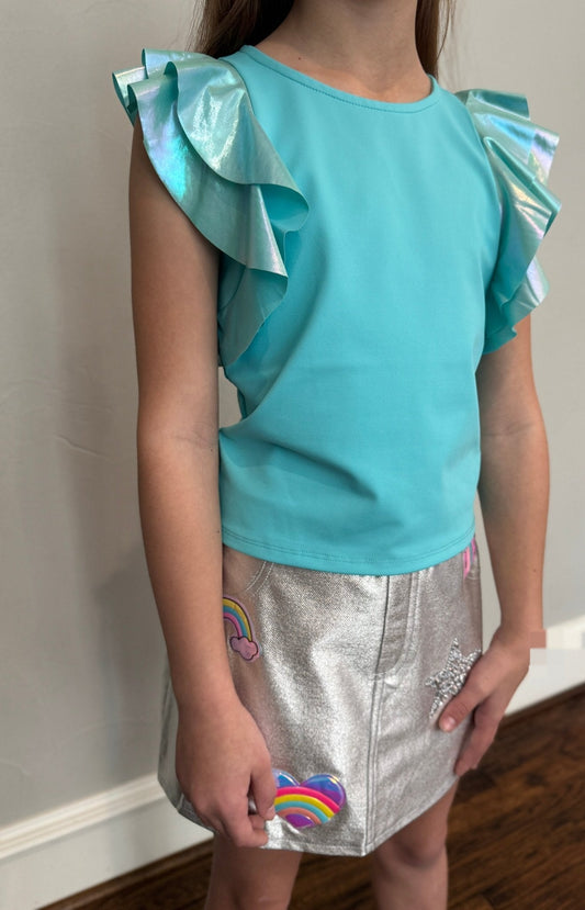 Girls Aqua Blue Flutter Sleeve Top - YellowBrickRoad