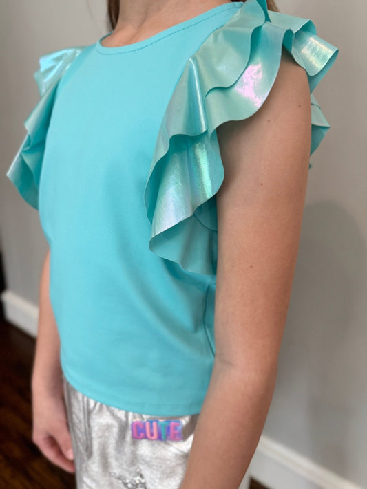 Girls Aqua Blue Flutter Sleeve Top - YellowBrickRoad