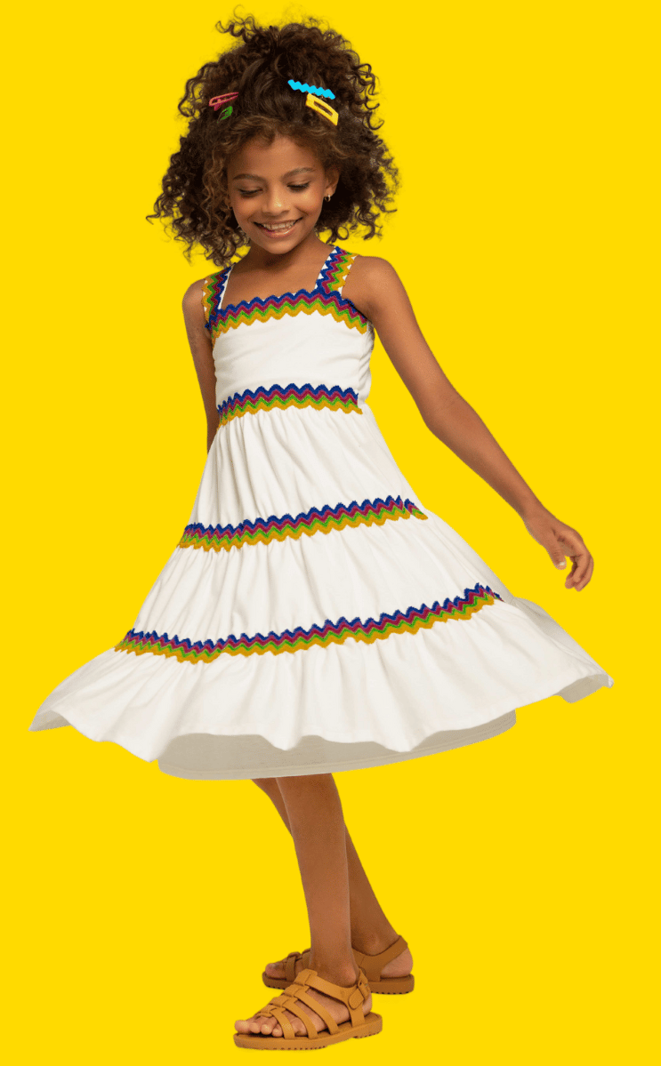 Girl's Rainbow Trim Midi Dress In White Multi Girl's Rainbow Trim Midi Dress In White Multi