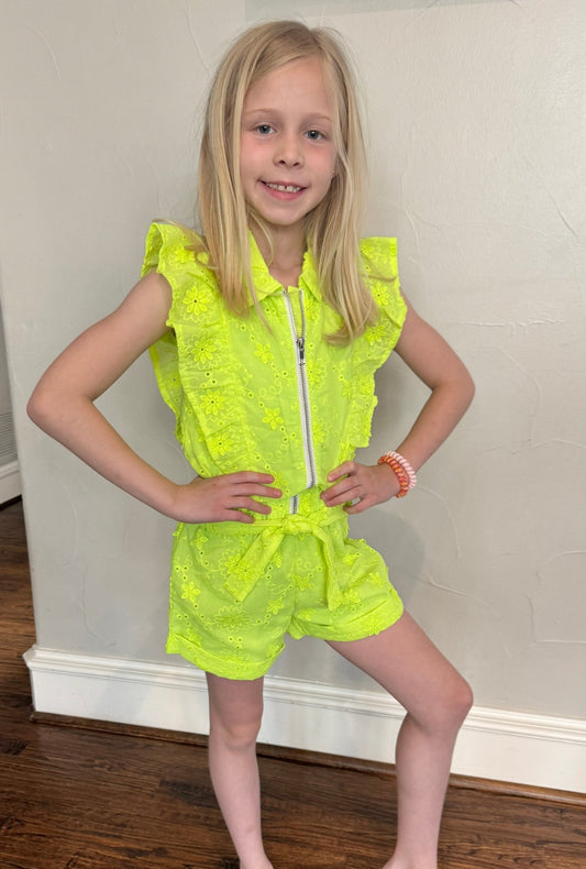 Tween Girls Neon Lime Eyelet Romper by MIA NY - YellowBrickRoad