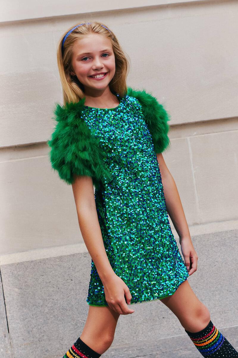 Girls Sequin & Feather Party Dress