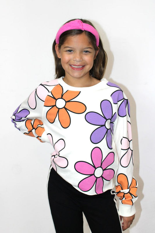 Girls Retro Flower Cropped Sweatshirt