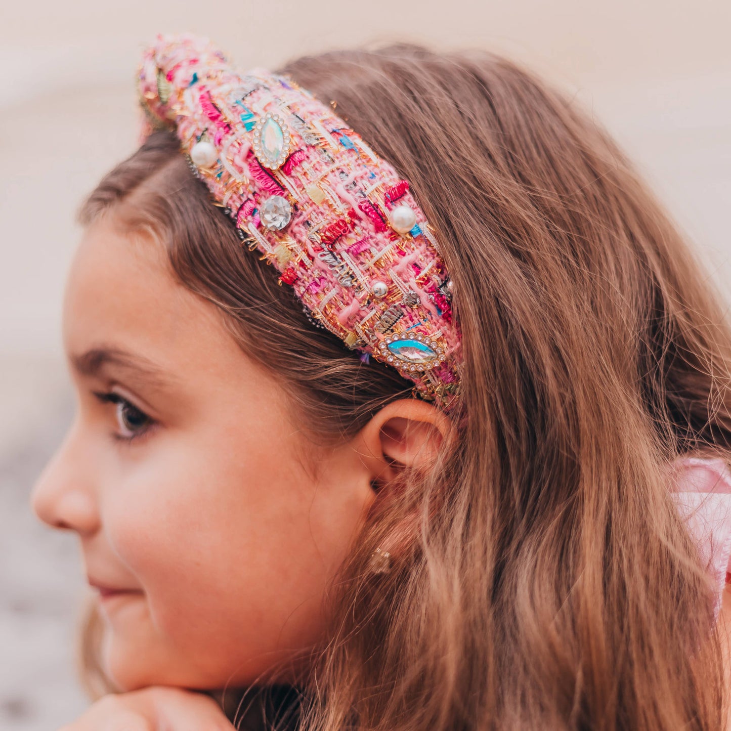 Kids Knot Headband - Embellished Rhinestone Pearl Tweed