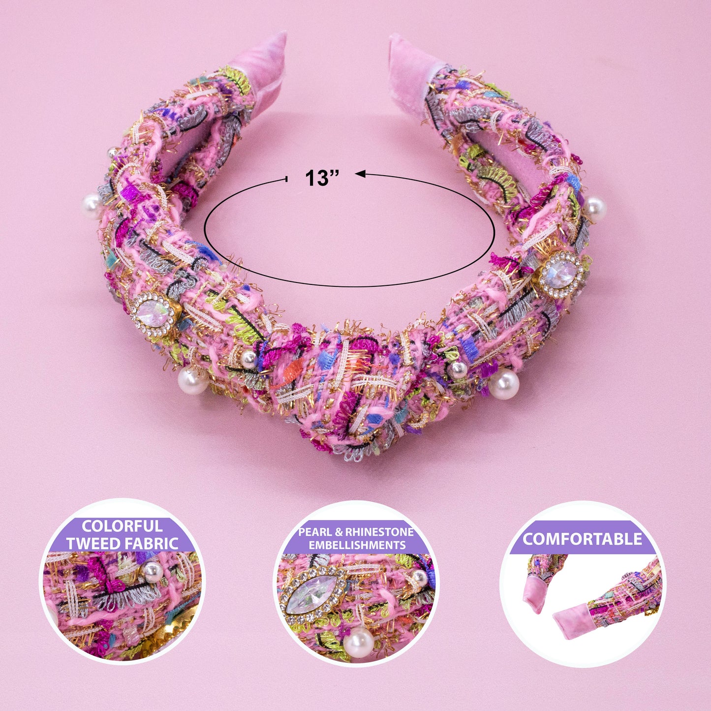 Kids Knot Headband - Embellished Rhinestone Pearl Tweed