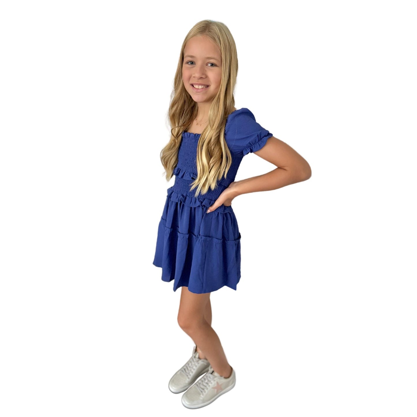 Girls Blue Puffed Sleeve Smocked Dress