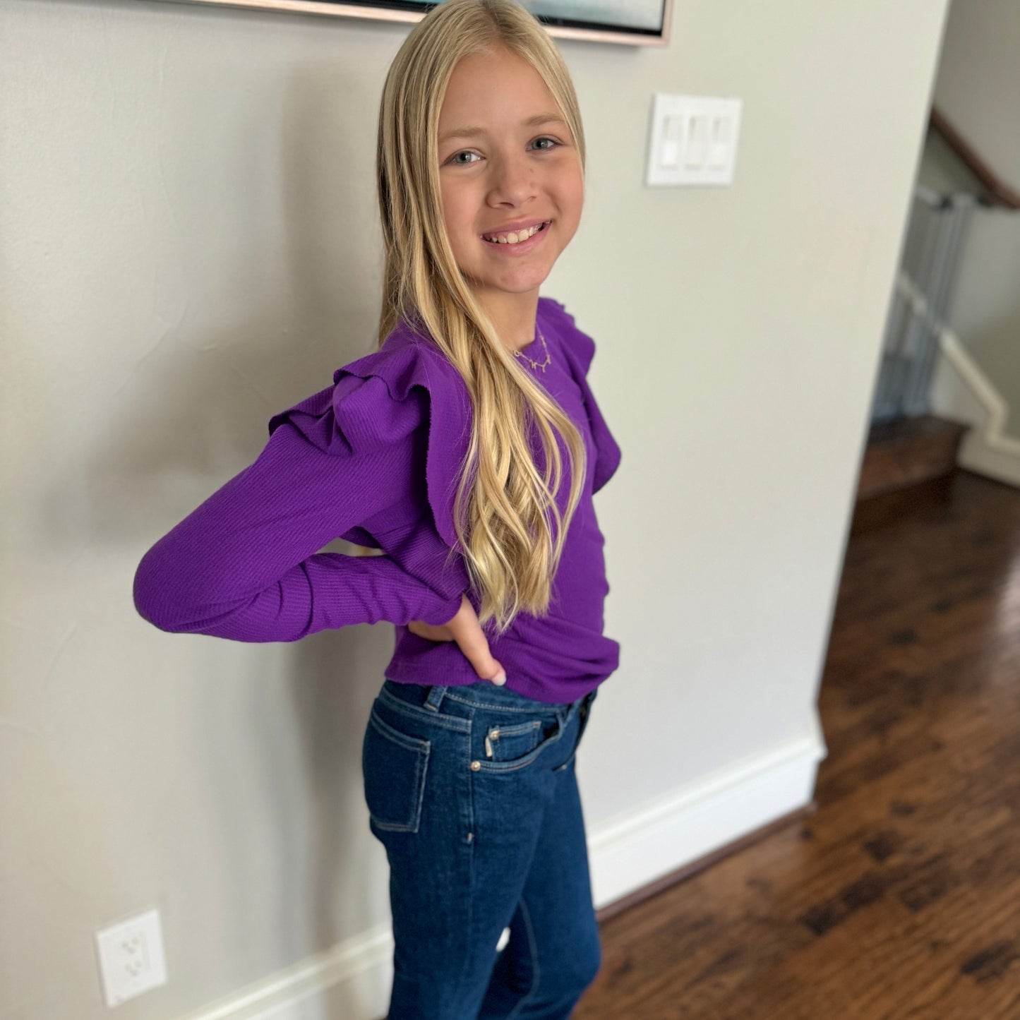 Girls Purple Flutter Sleeve Sweater