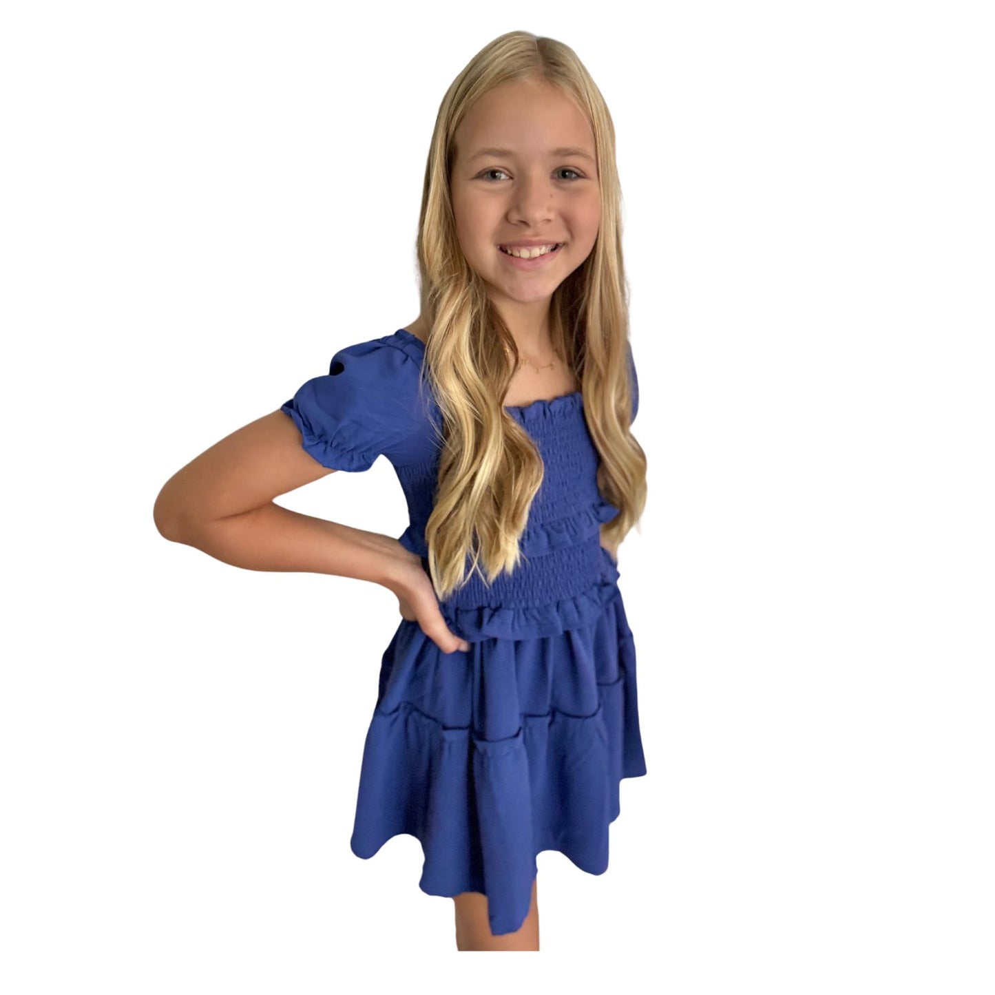 Girls Blue Puffed Sleeve Smocked Dress