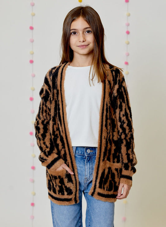 Girls Fuzzy Animal Print Cardigan