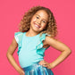 Girls Aqua Blue Flutter Sleeve Top