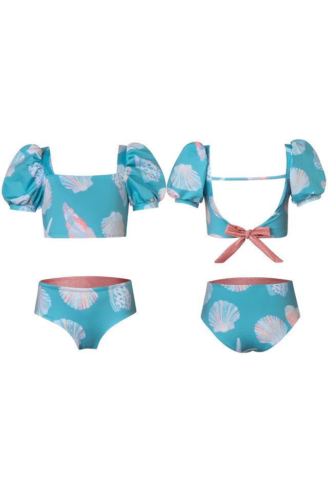 Bikini de niñas con mangas de burbuja y concha de caracola 