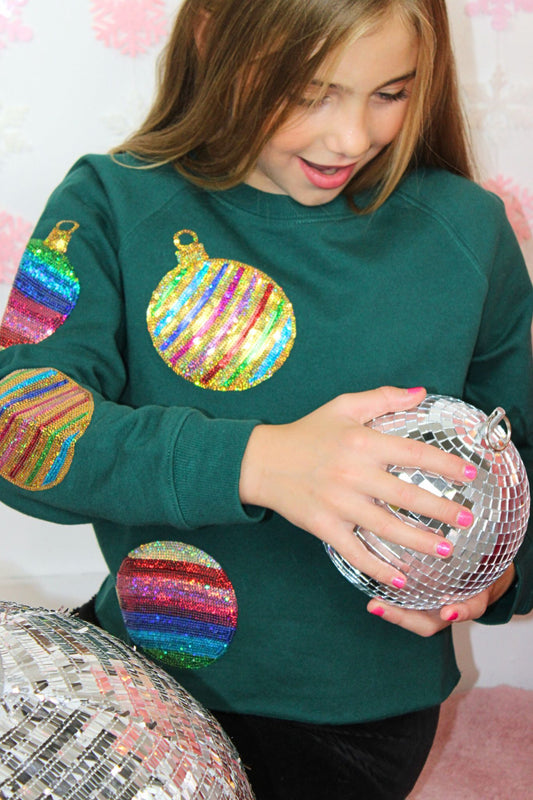 Girls Sequin Ornament Cropped Green Sweatshirt