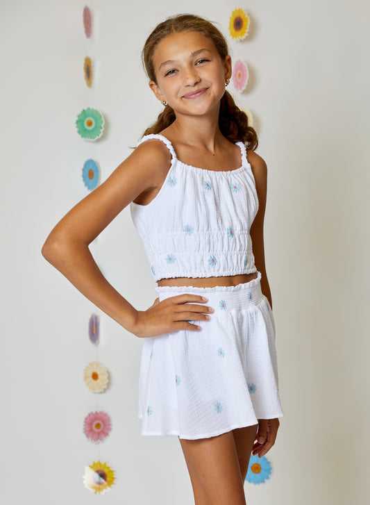 Girls White Embroidered Gauze Skort