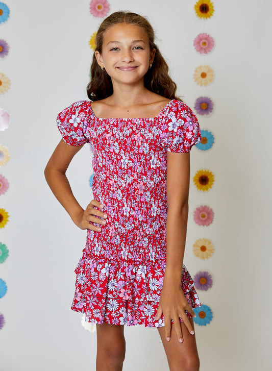 Vestido floral fruncido con hombros descubiertos para niñas 