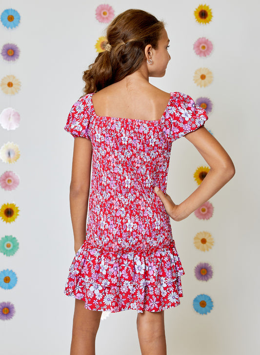 Girls Smocked Off-the-Shoulder Floral Dress