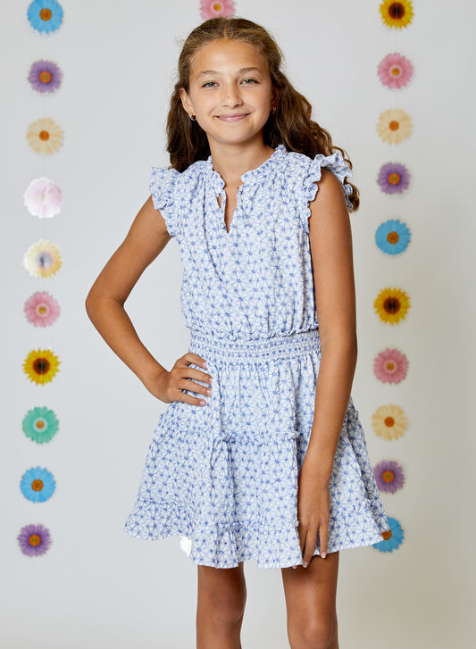 Girls Blue & White Embroidered Dress