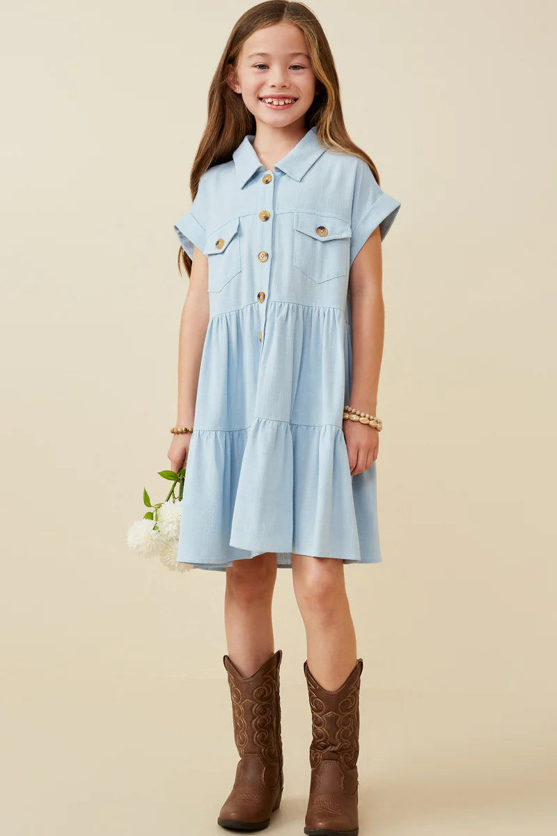 Girls Textured Button Down Collared Dress