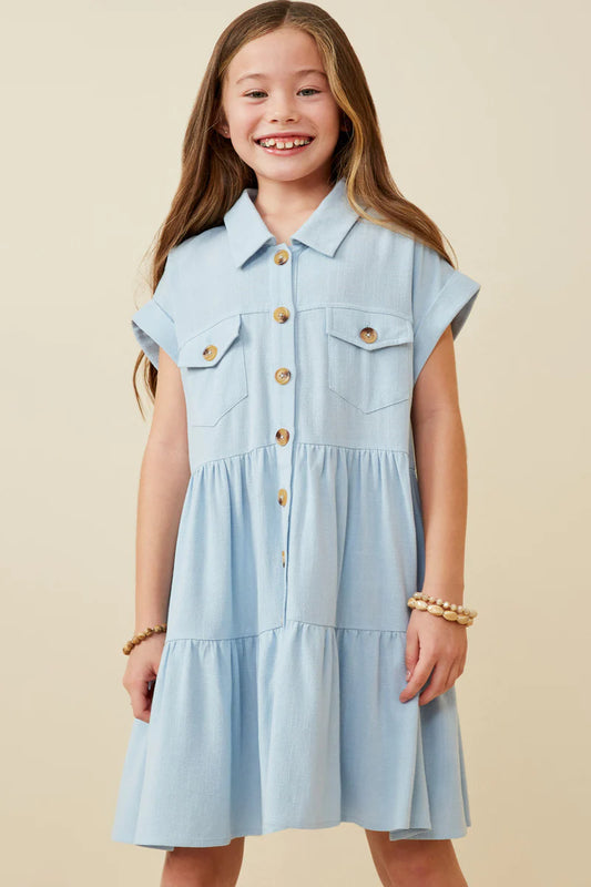 Girls Textured Button Down Collared Dress