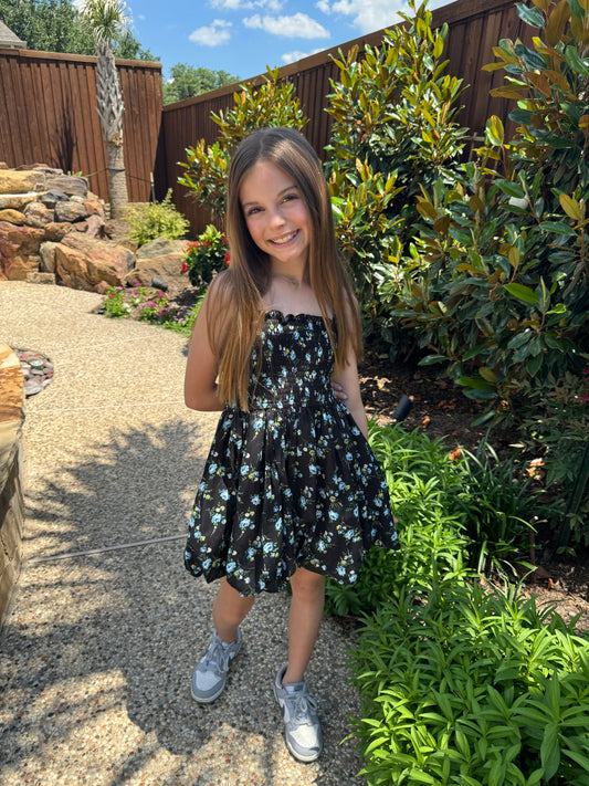 Girls Black Floral Bubble Dress