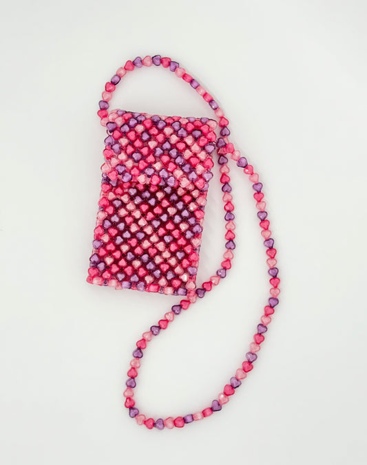 Pink Beaded Heart Phone Bag