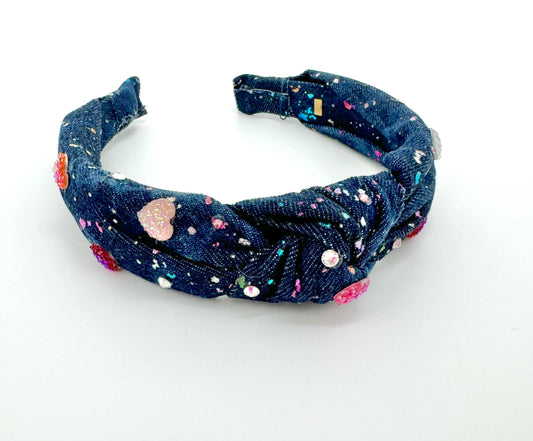 Girls Denim Headband With Hearts