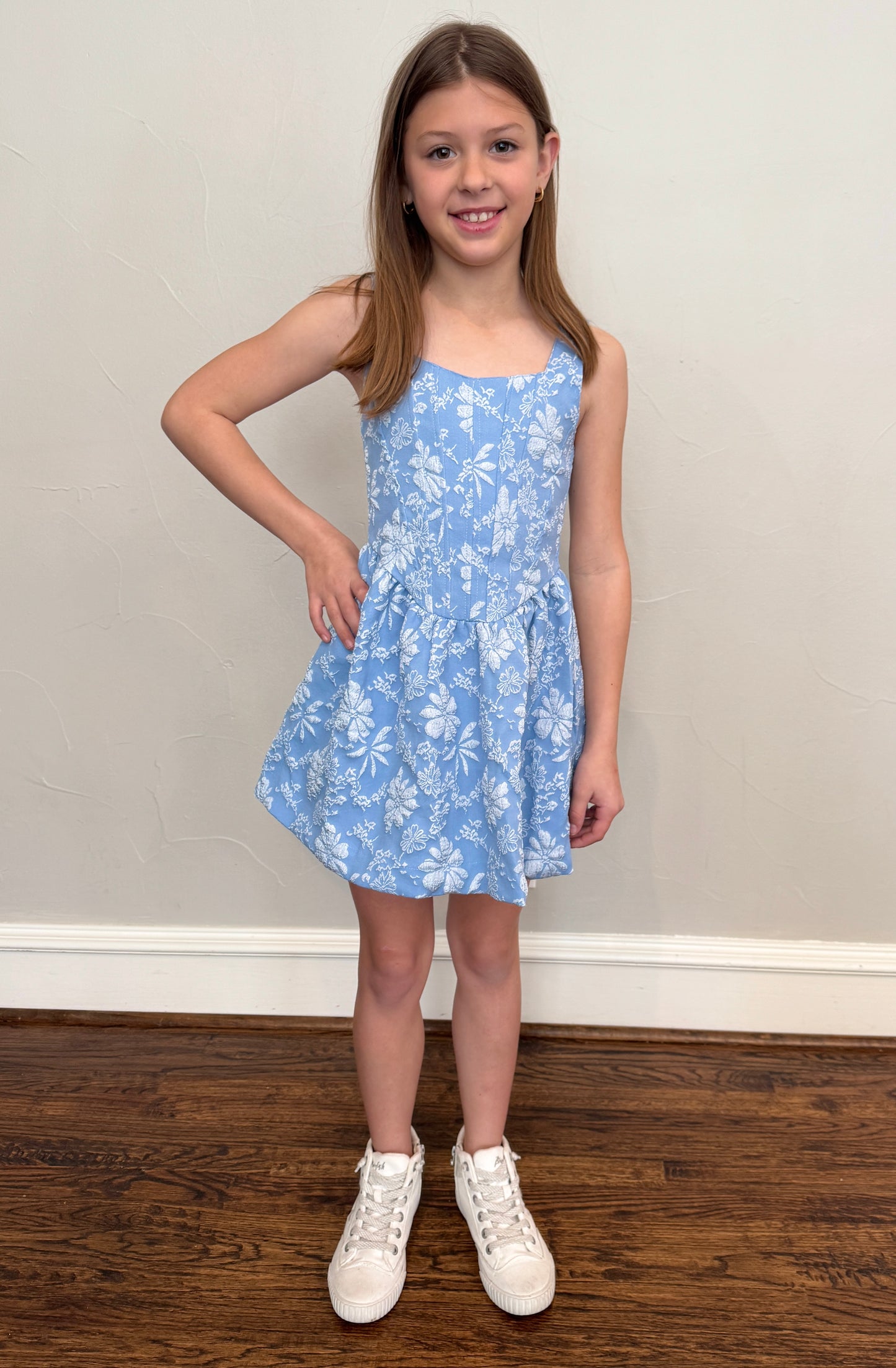 Girls Blue Floral Jacquard Dress