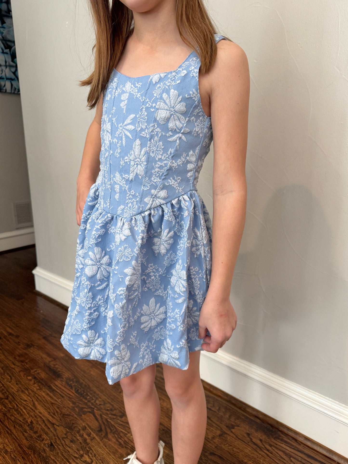 Girls Blue Floral Jacquard Dress