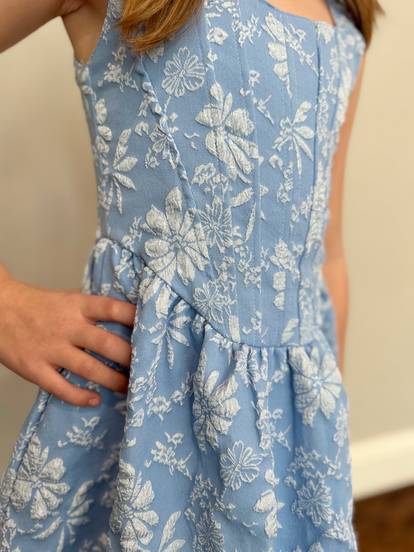 Girls Blue Floral Jacquard Dress