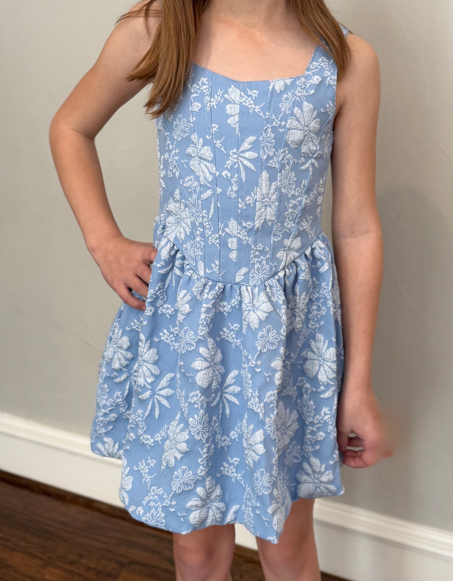 Girls Blue Floral Jacquard Dress