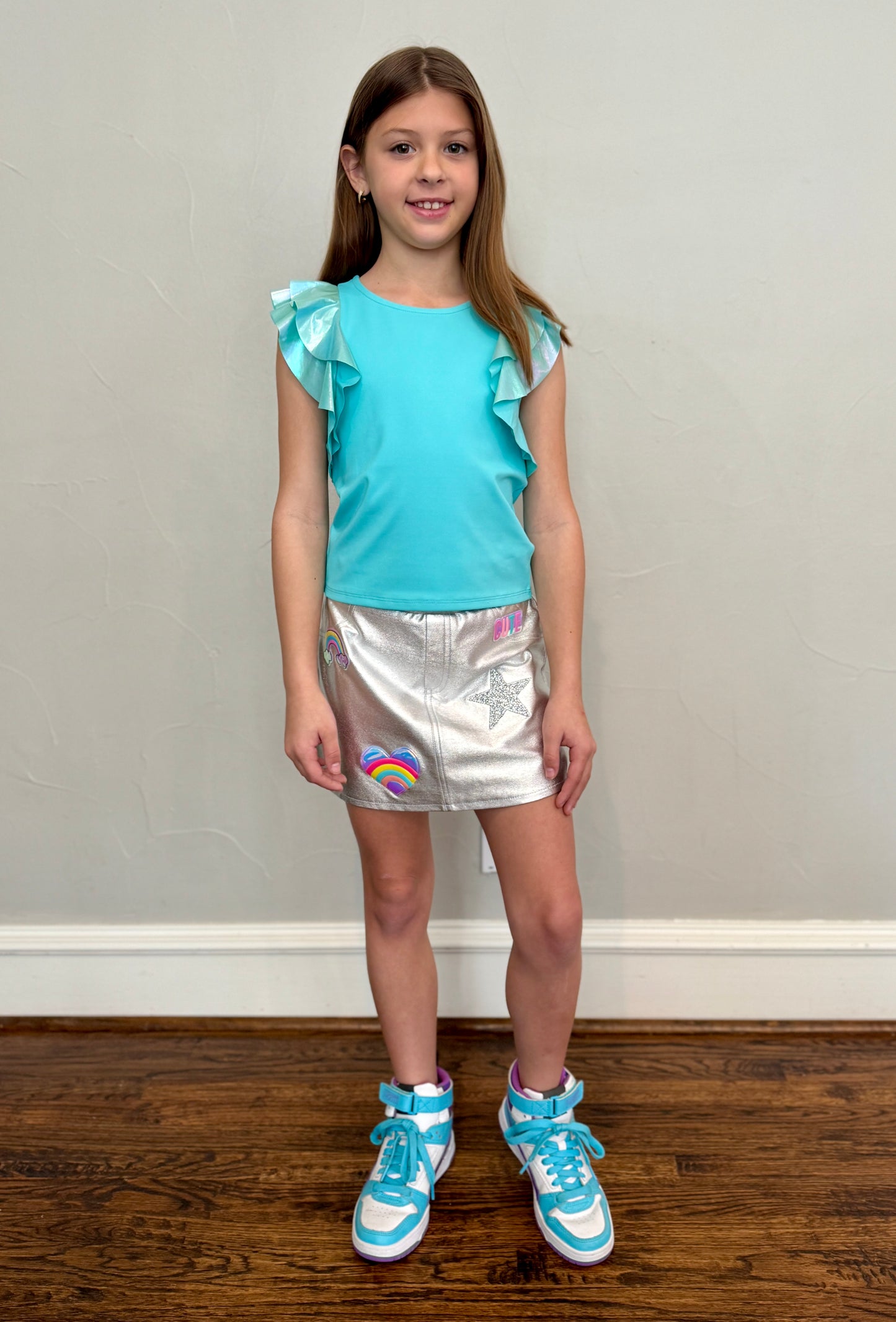 Girls Aqua Blue Flutter Sleeve Top