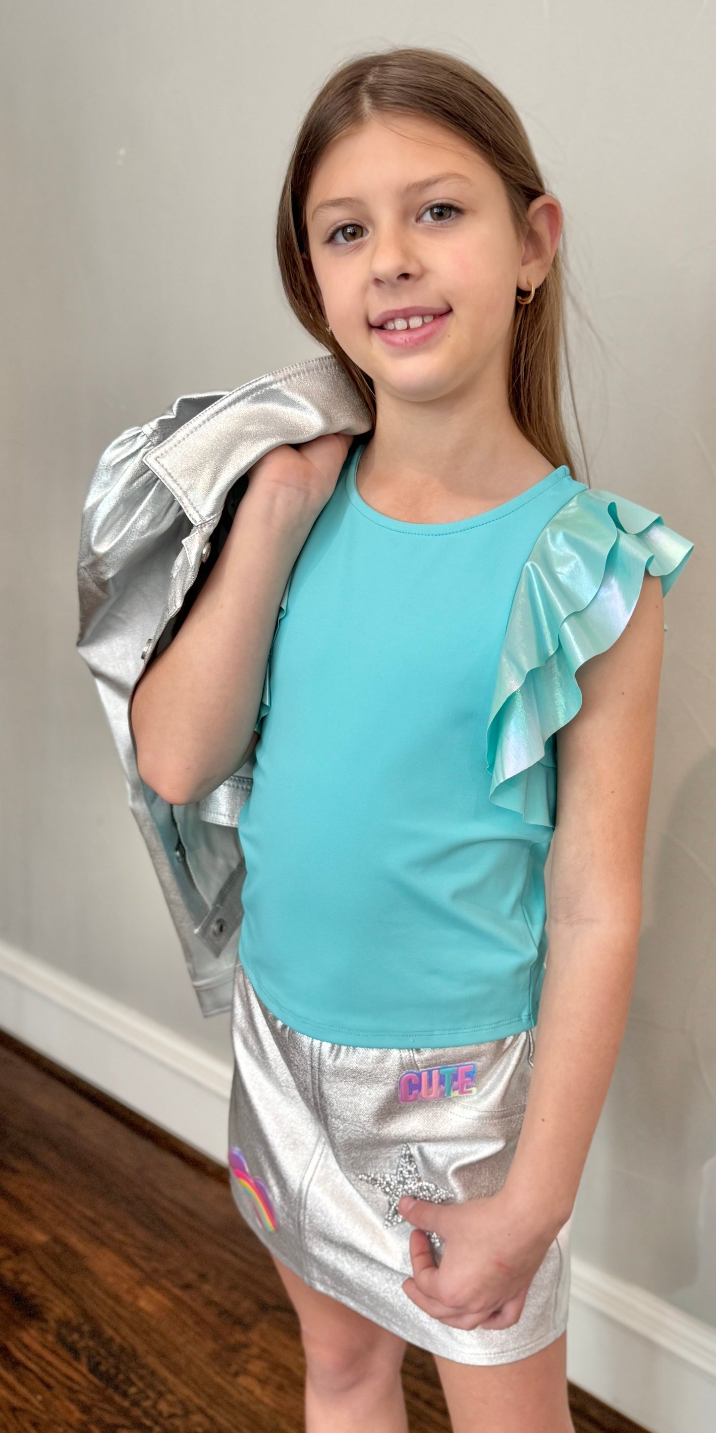 Girls Aqua Blue Flutter Sleeve Top