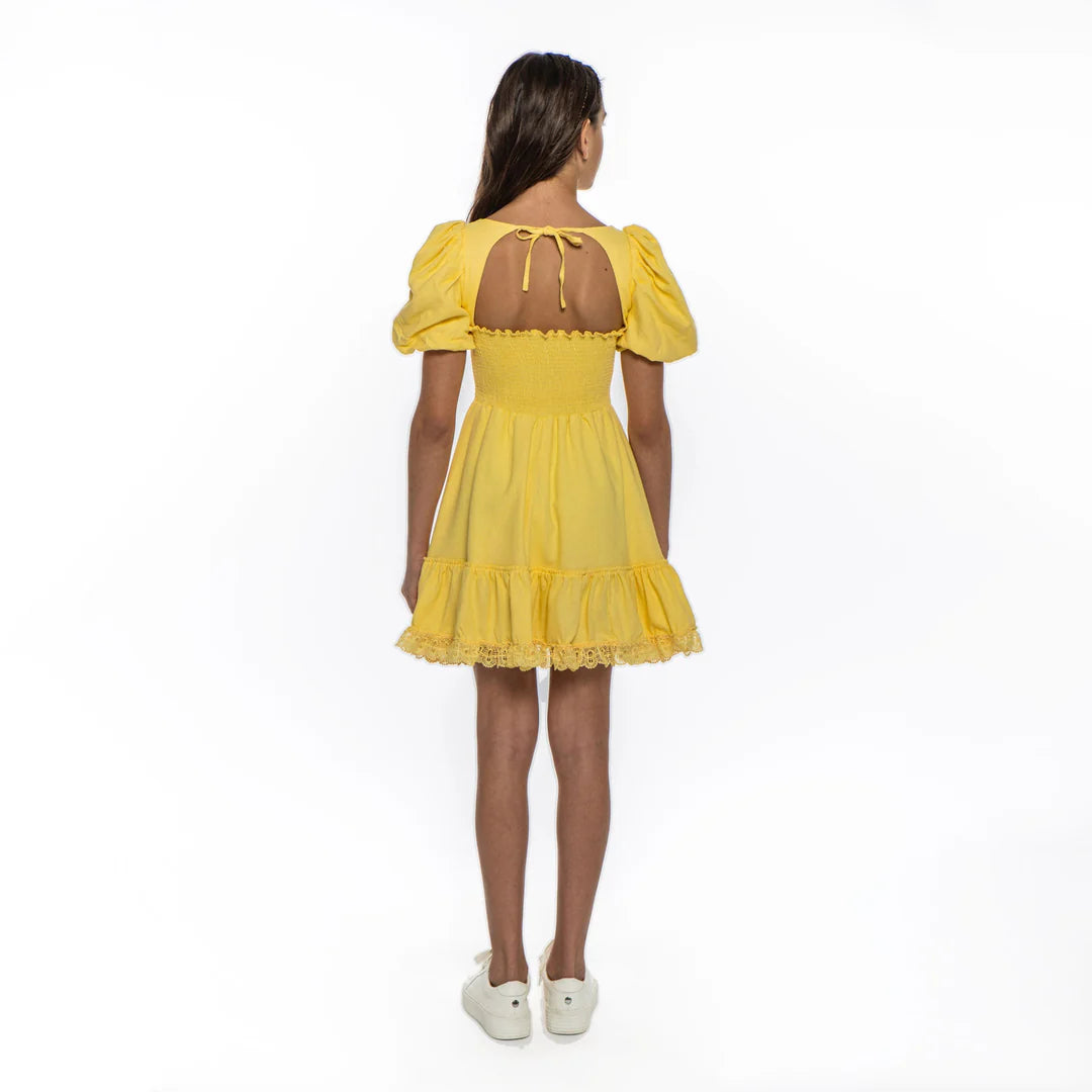 Vestido Niña Manga Abullonada Amarillo