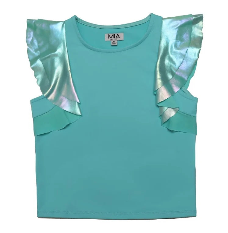 Girls Aqua Blue Flutter Sleeve Top