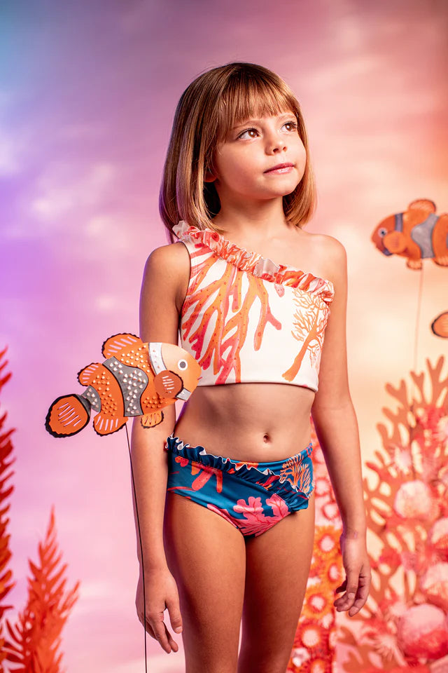 Girls Coral One Shoulder Ruffle Bikini