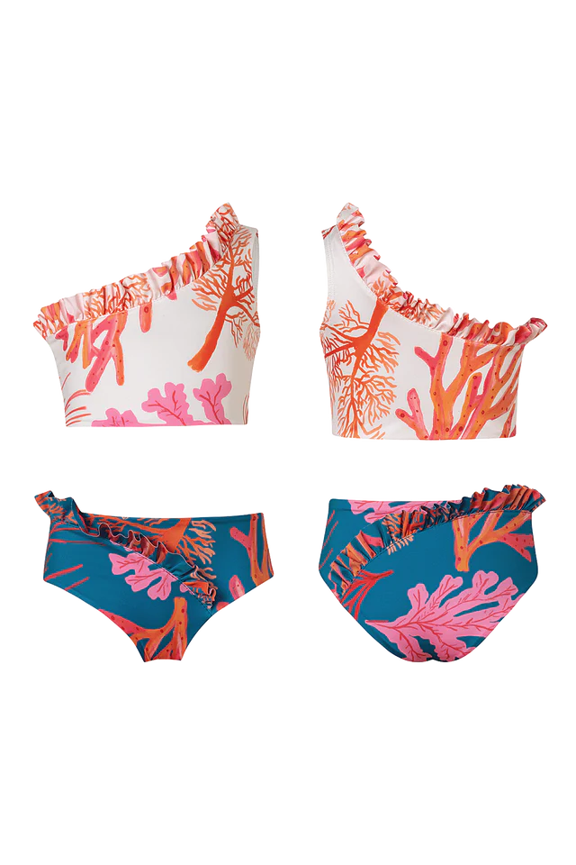 Girls Coral One Shoulder Ruffle Bikini