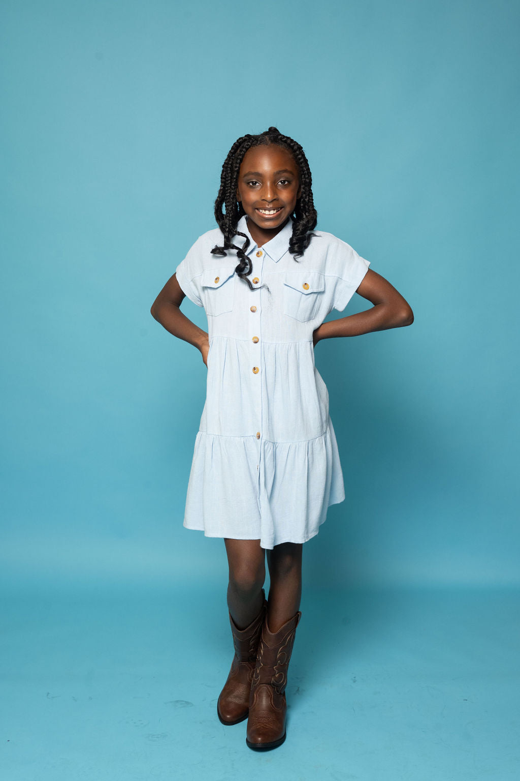 Girls Textured Button Down Collared Dress