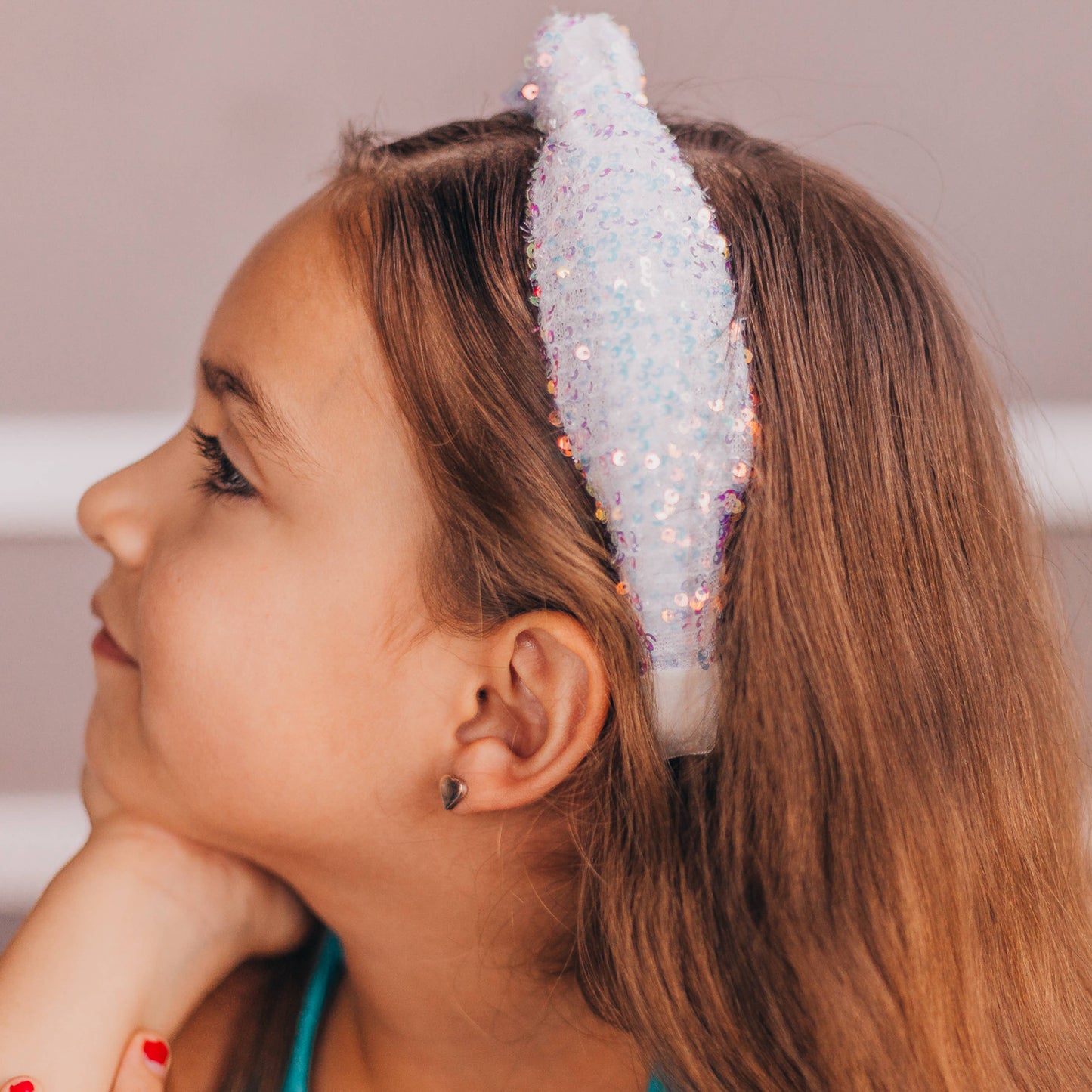 Girls White Sequin Knotted Headband