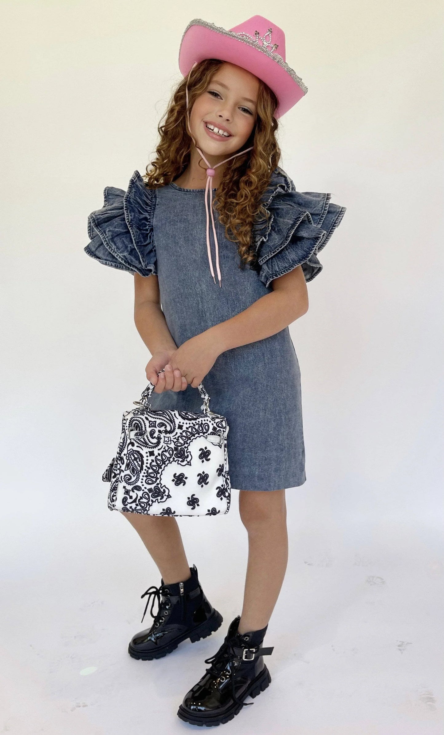 Girls Denim Ruffle Sleeve Dress