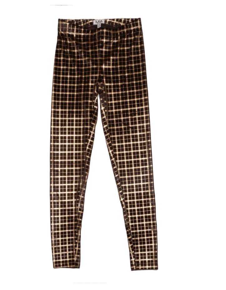 Girls Black & Gold Plaid Velour Leggings - YellowBrickRoad