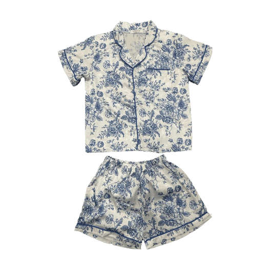 Girls Blue Floral Silk Loungewear Set - YellowBrickRoad