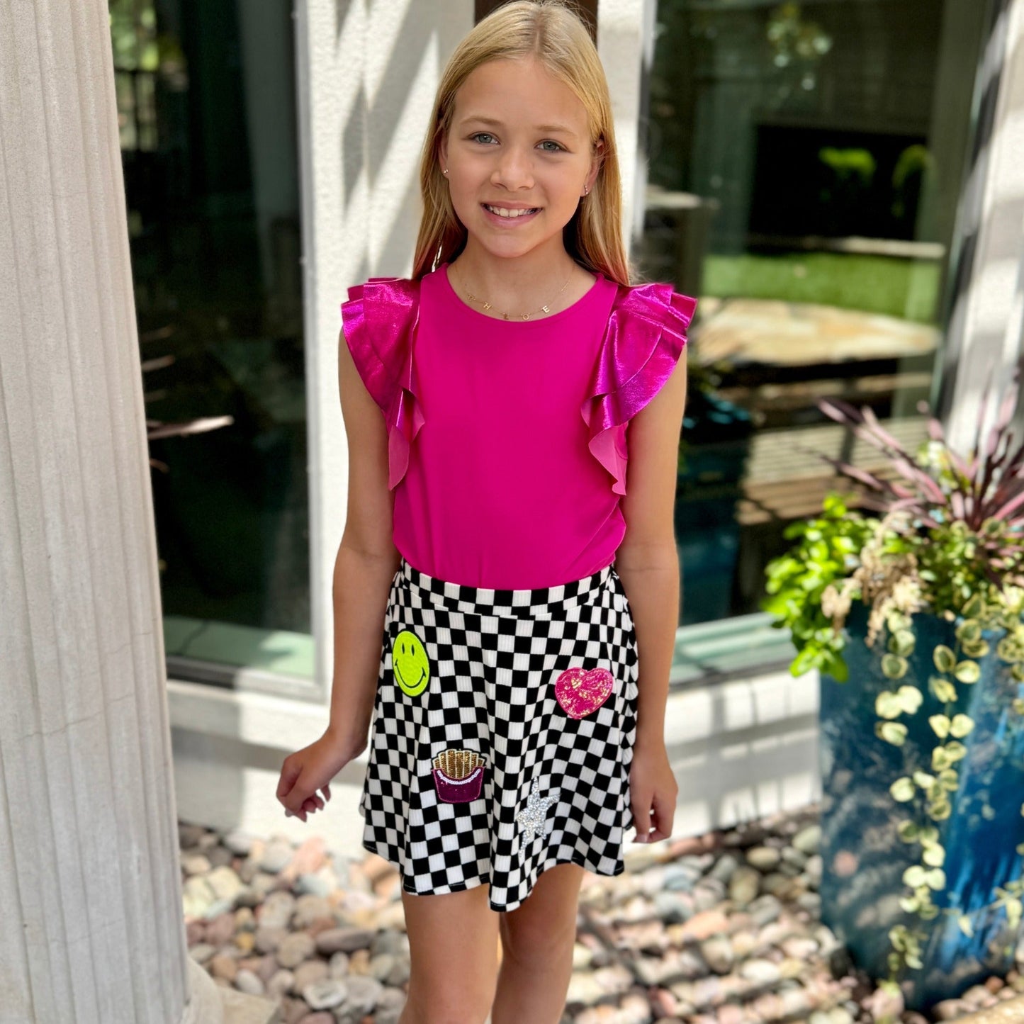 Girls Checkered Patch Skirt - YellowBrickRoad