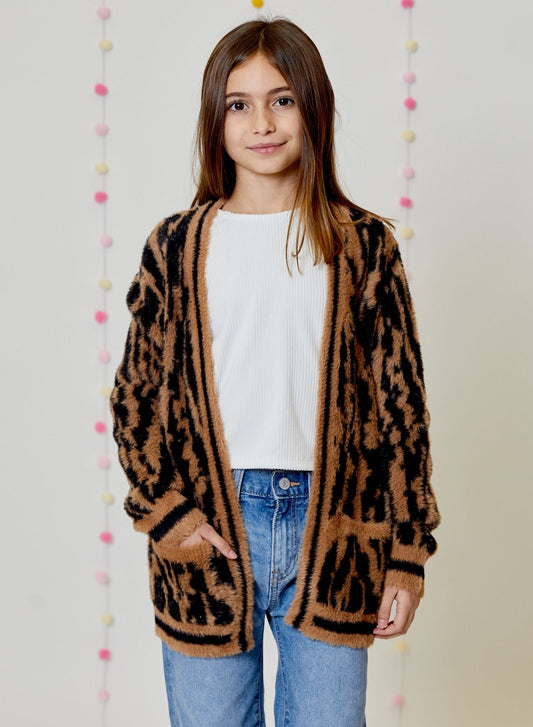Girls Fuzzy Animal Print Cardigan - YellowBrickRoad