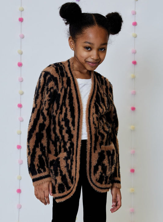 Girls Fuzzy Animal Print Cardigan - YellowBrickRoad