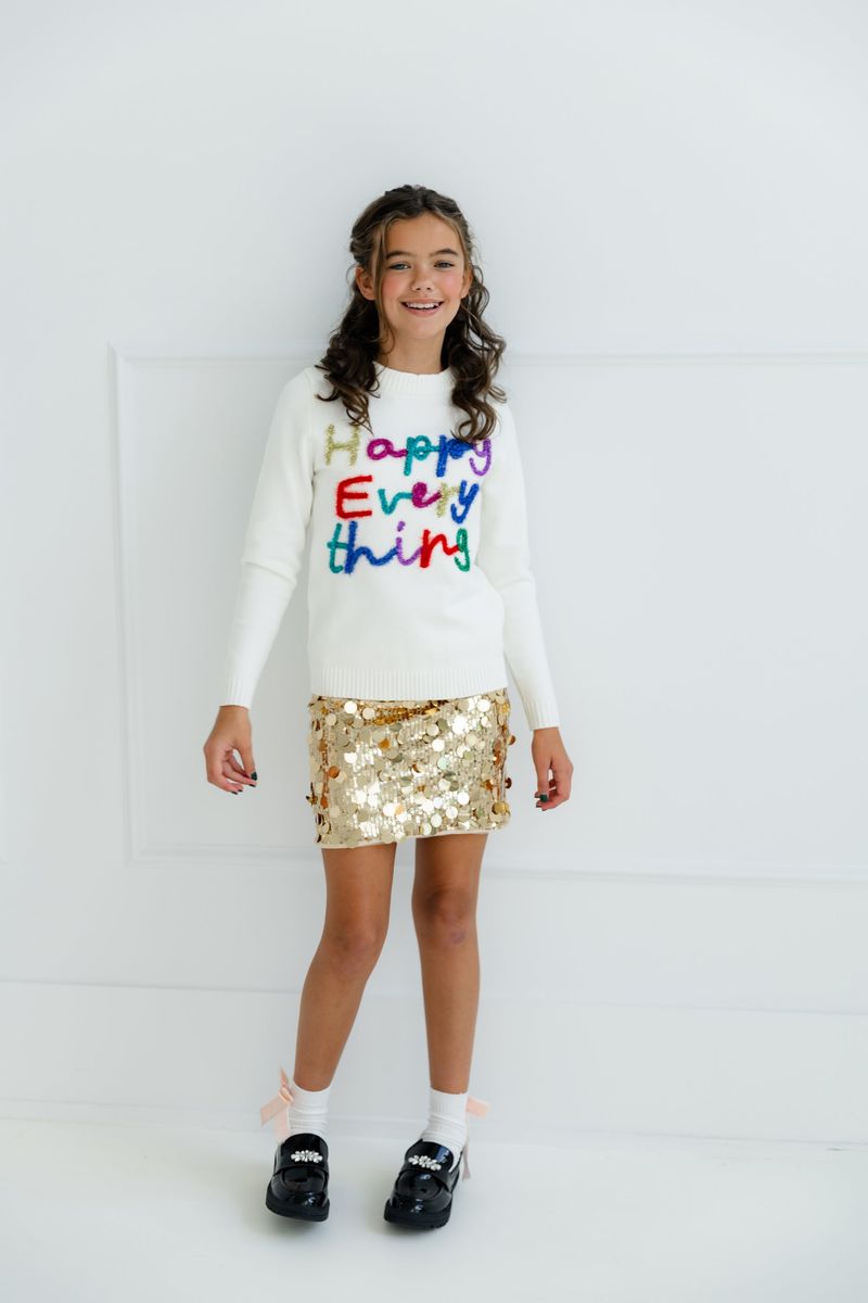 Girls Happy Everything Tinsel Sweater - YellowBrickRoad