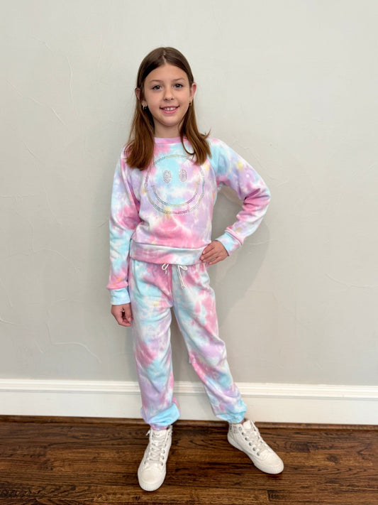 Girls Pastel Tie - Dye Smiley Sweatshirt - YellowBrickRoad