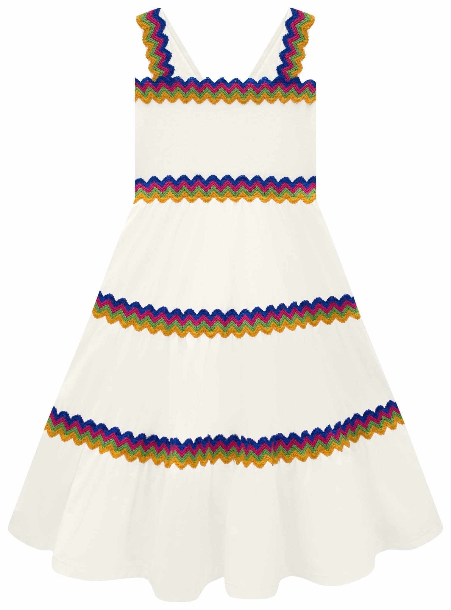 Girl's Rainbow Trim Midi Dress In White Multi Girl's Rainbow Trim Midi Dress In White Multi
