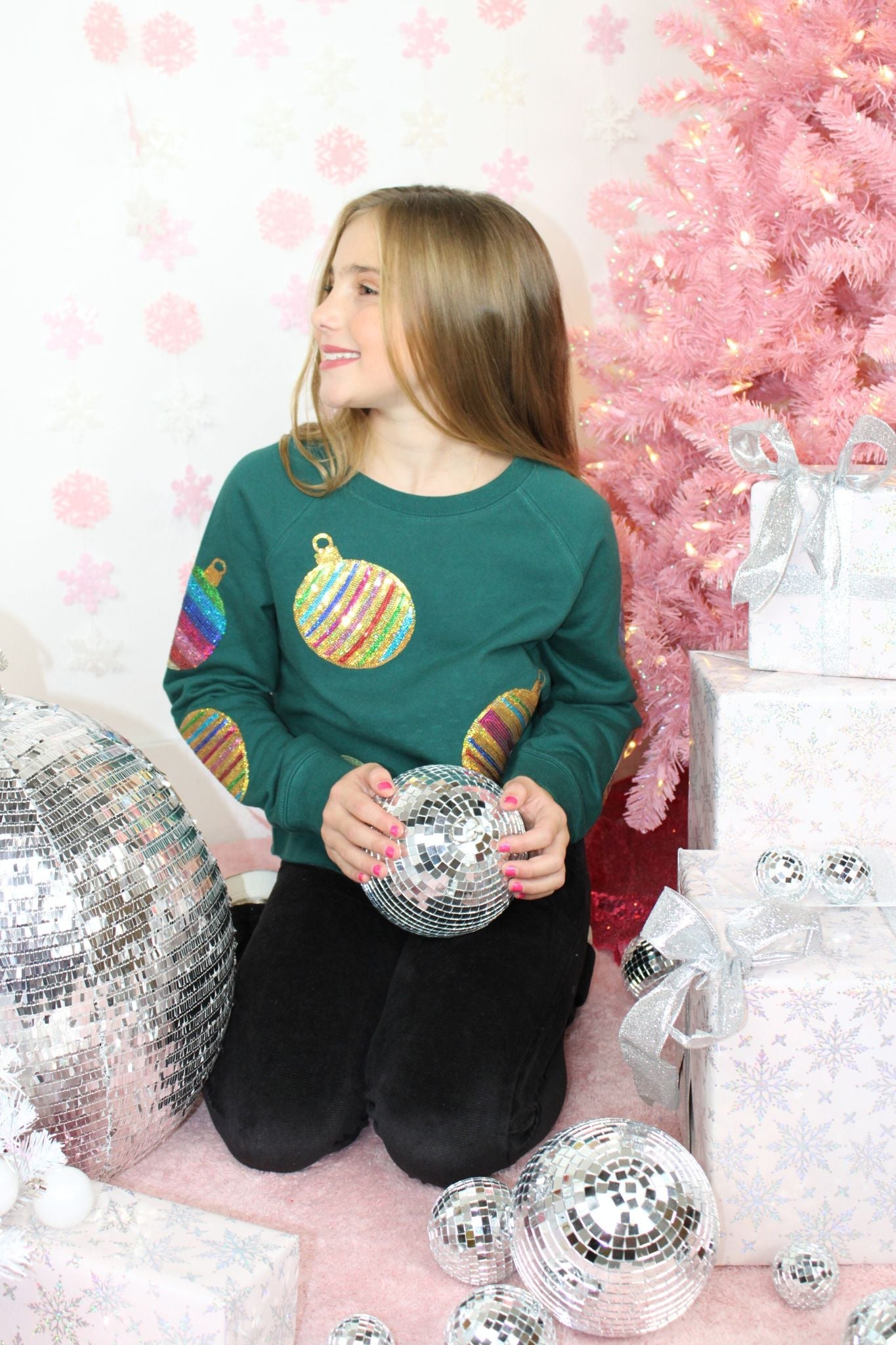 Girls Sequin Ornament Cropped Green Sweatshirt - YellowBrickRoad